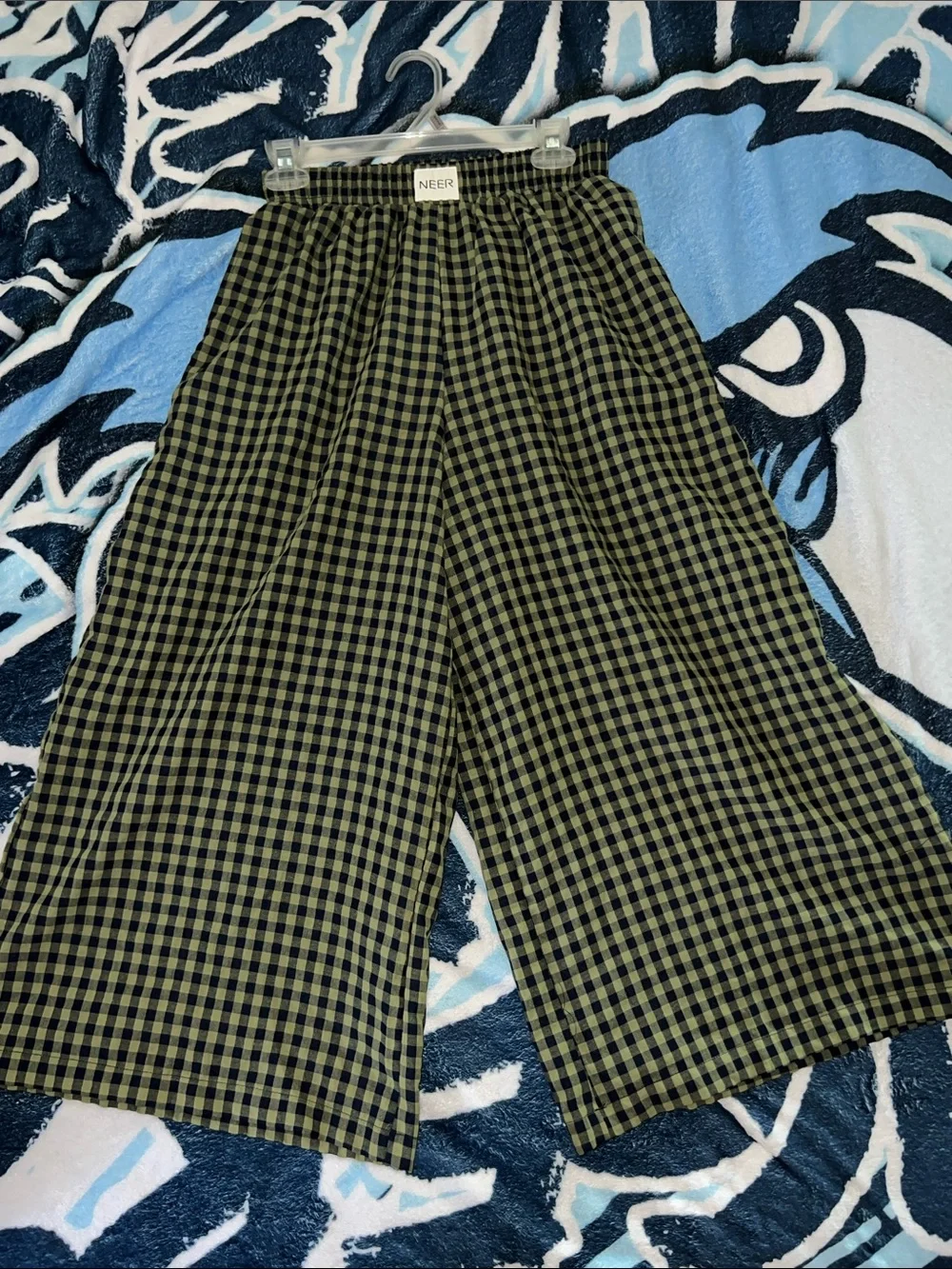 Women’s Green and Black Check Elastic-Waist Wide Leg Pants